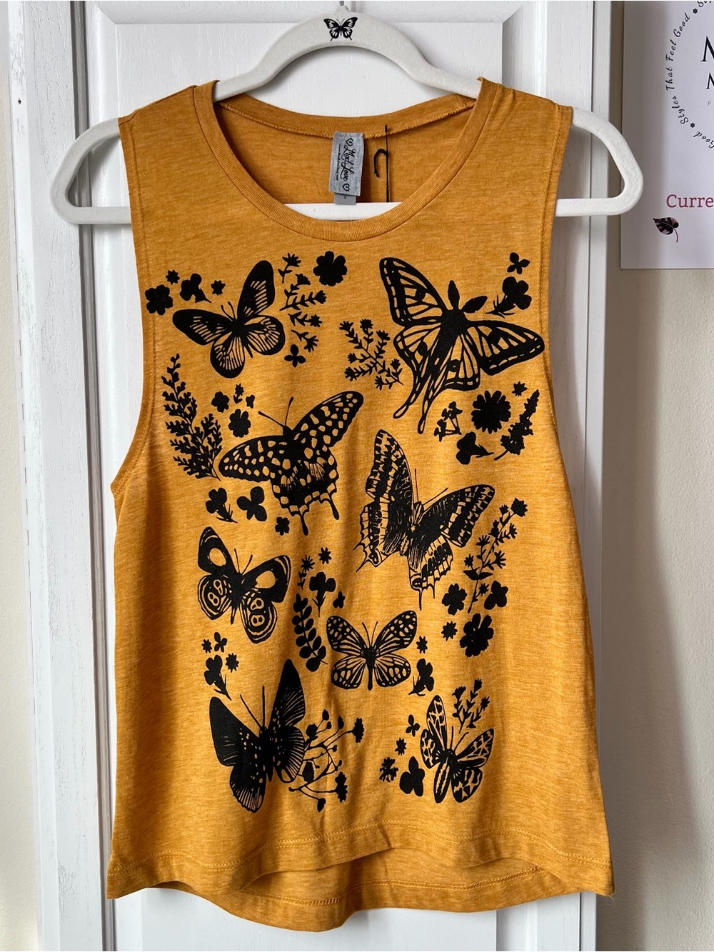Mad Love Mustard Tank Top with Black Butterfly Print